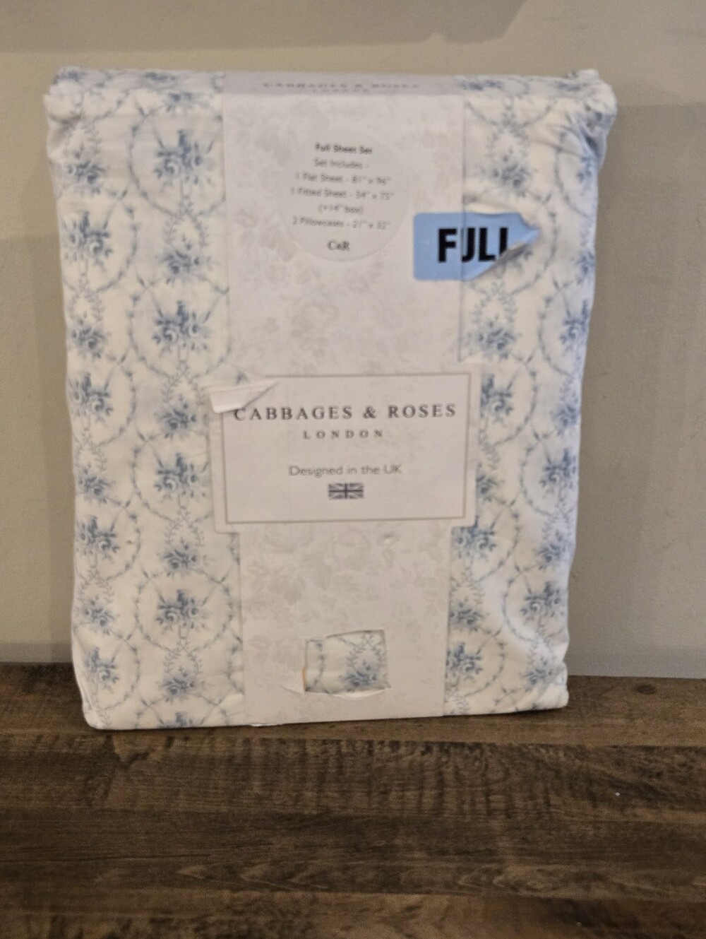 Cabbages & Roses 100% Cotton Percale 4 Pc Full Sheet Set Julia China Blue